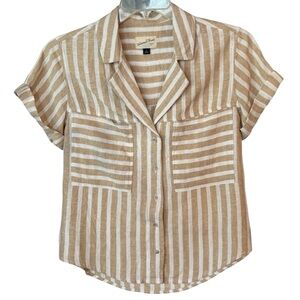 Universal Thread Size S Tan/White Stripe Linen Blend Button Down Camp Shirt